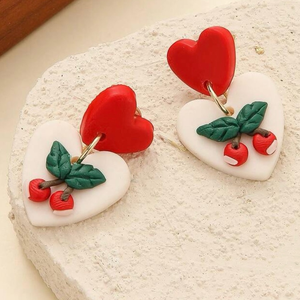Sweet Cherry Heart Two-Tier Stud - Handmade Clay Earrings - Valentine’s Day